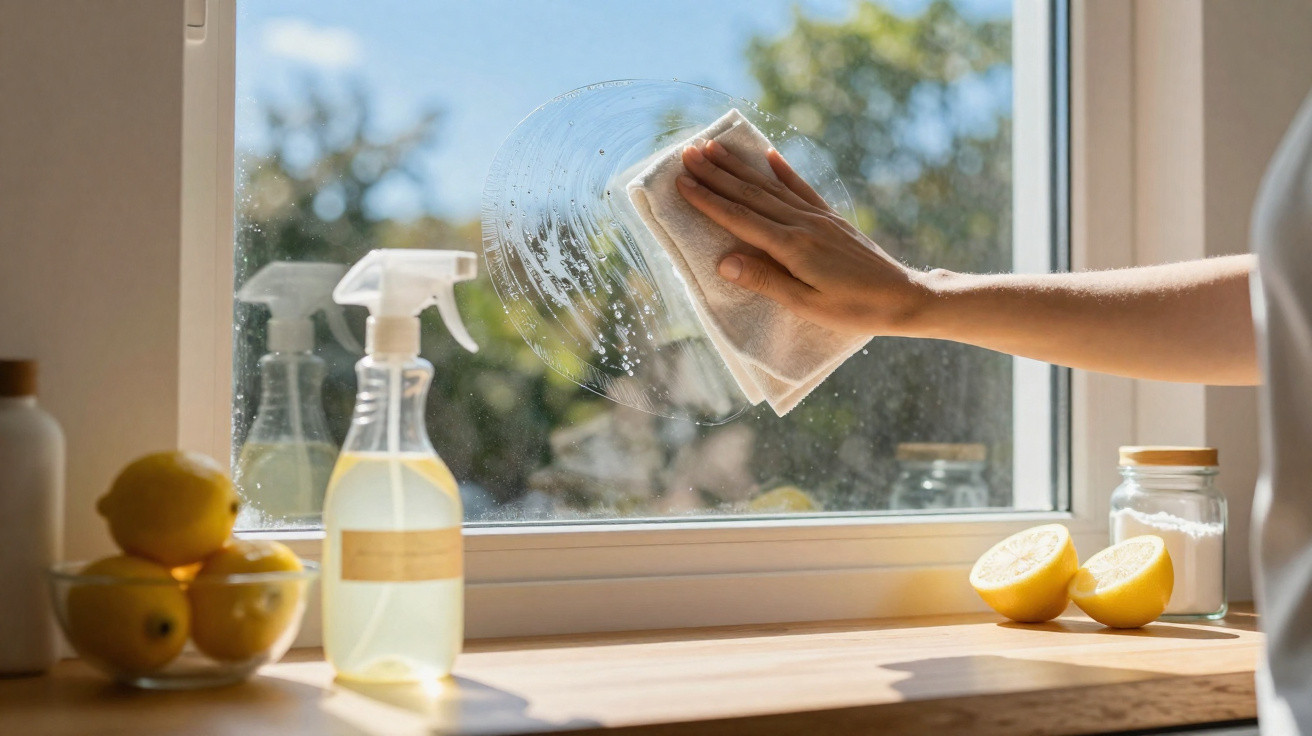 Hand wiping kitchen window with cloth and lemon-scented cleaning spray on wooden sill with lemons.