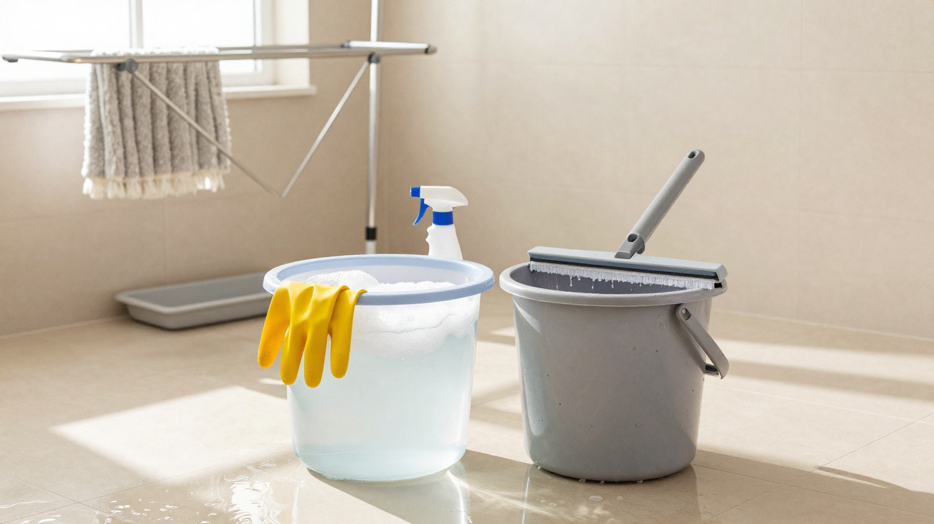 Two buckets, one with soapy water and yellow gloves, and a mop on a tiled floor beside a drying rack.