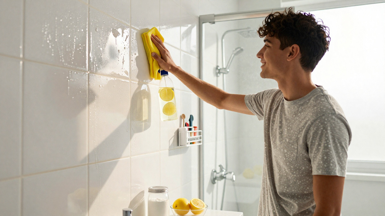 Young man cleaning a tiled bathroom wall with a yellow cloth and spray bottle.