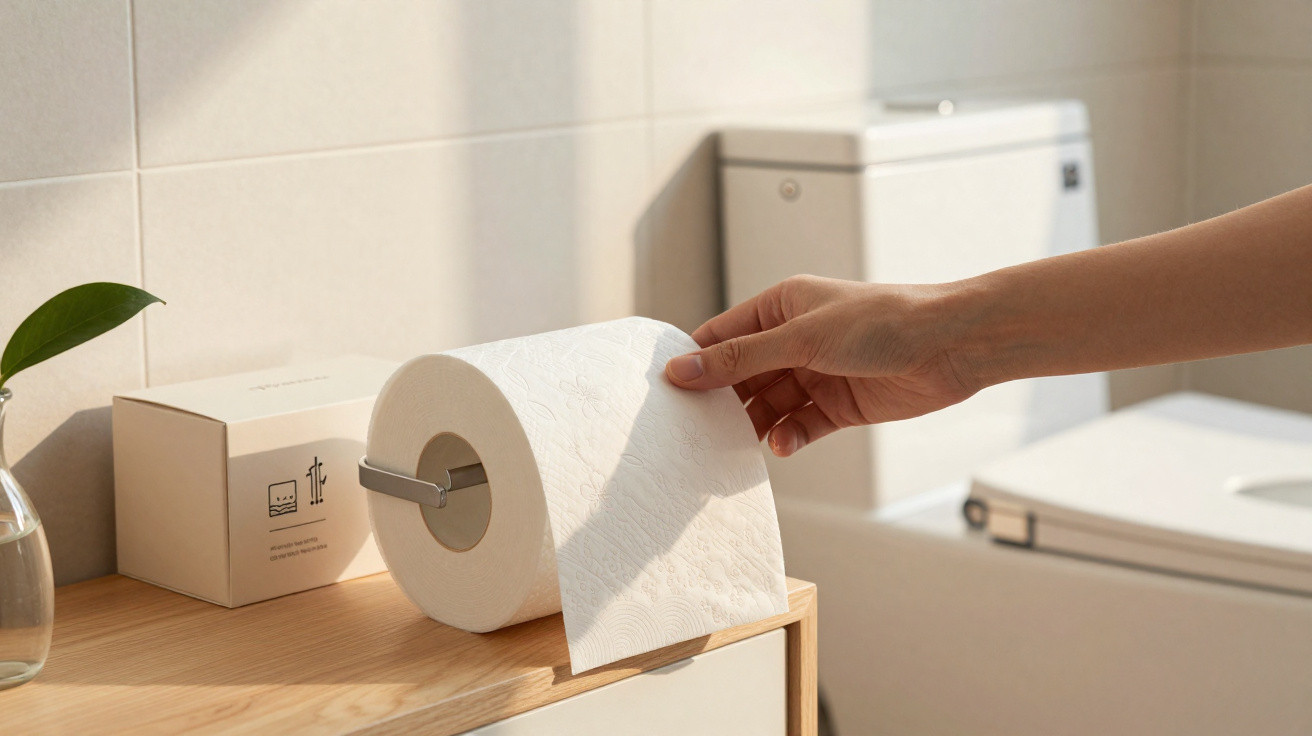 Hand pulling toilet paper from a roll holder on a wooden bathroom cabinet near a toilet.