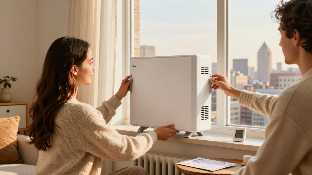 Two people adjusting a white radiator heater on a windowsill in a city apartment.