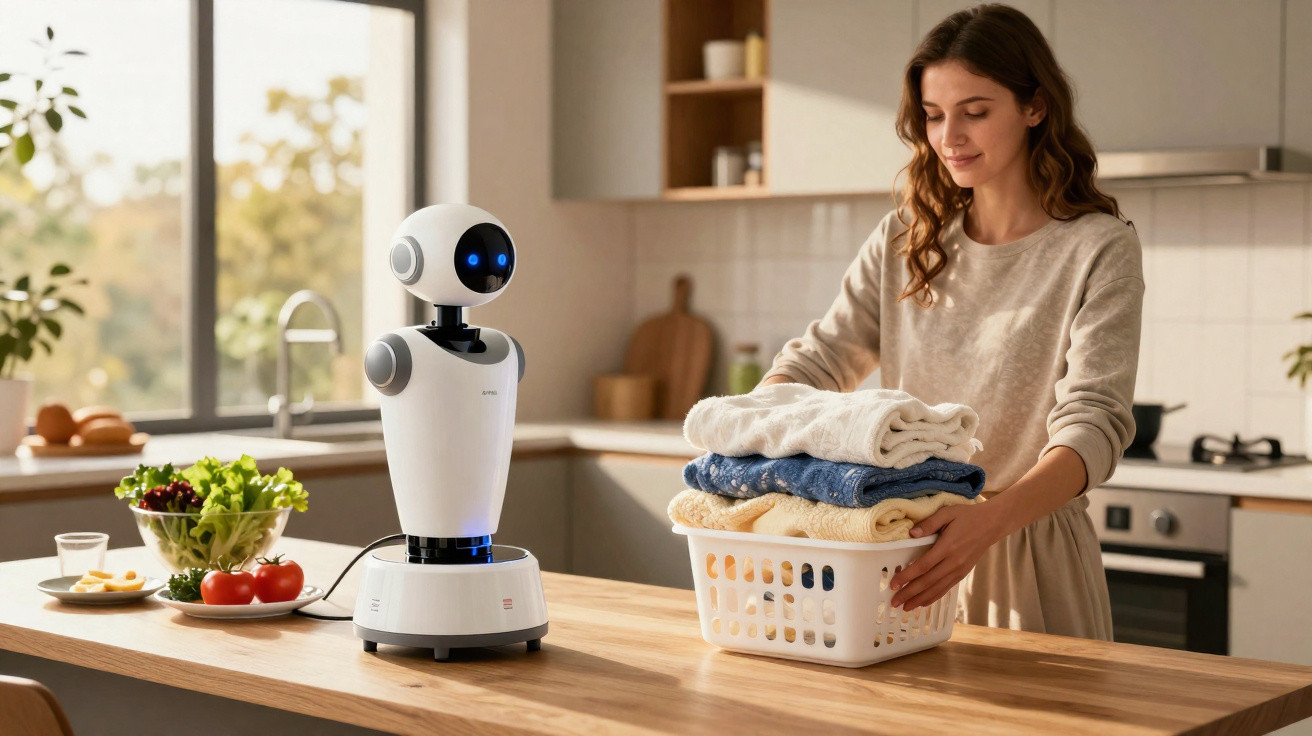 Woman holding a laundry basket with folded clothes next to a small white robot on a kitchen counter.