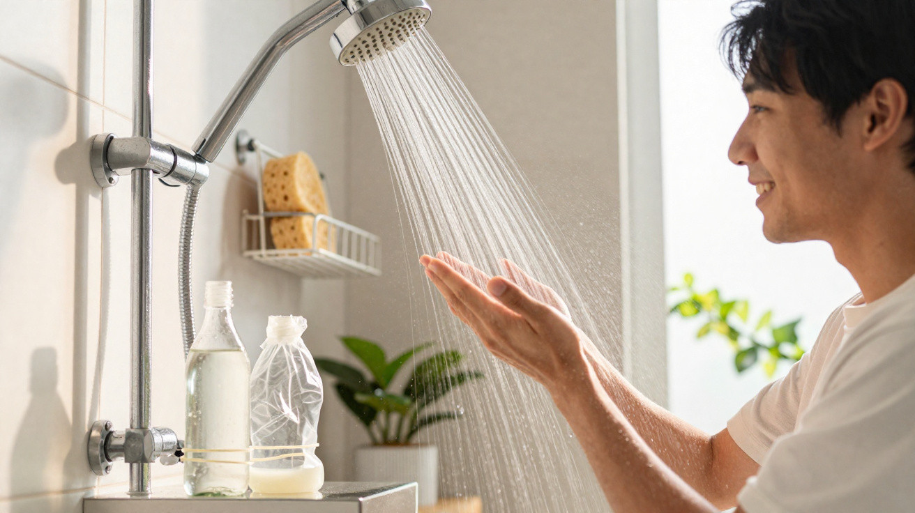 Man smiling and testing water flow with hands under a shower in a bright bathroom