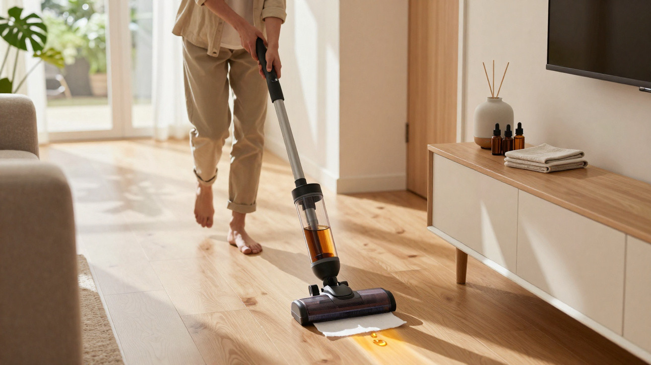 Person using a vacuum cleaner on a wooden floor in a bright, modern living room.