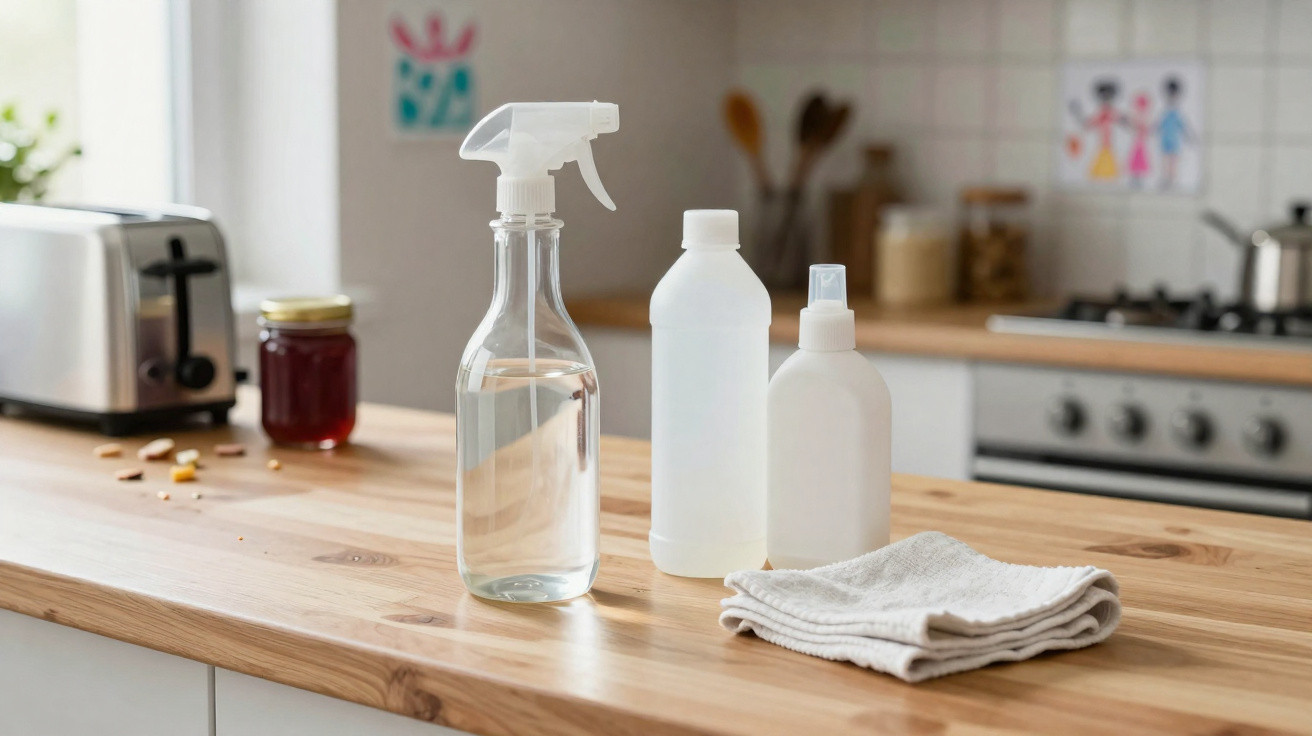 Spray bottle, two plastic bottles, and folded cloth on a wooden kitchen countertop with a toaster in the background.
