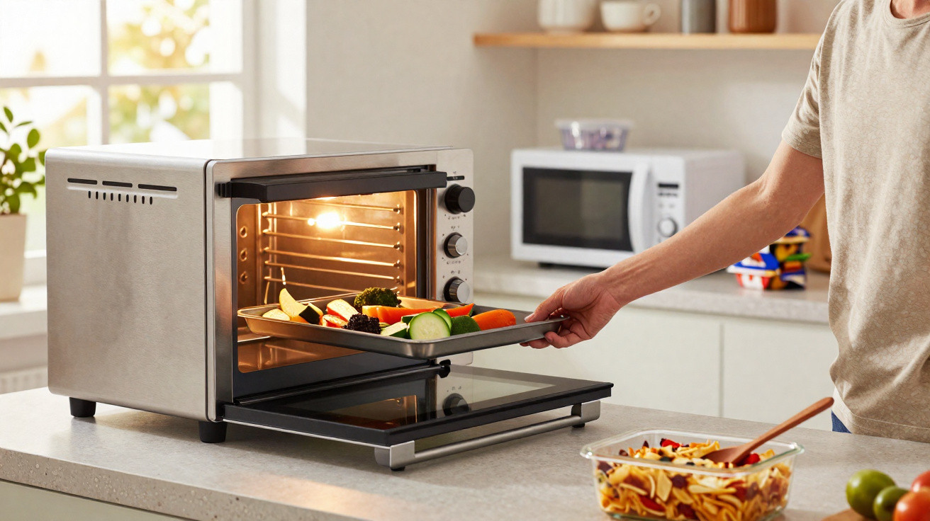 Person placing a tray of mixed vegetables into a countertop toaster oven in a bright kitchen.