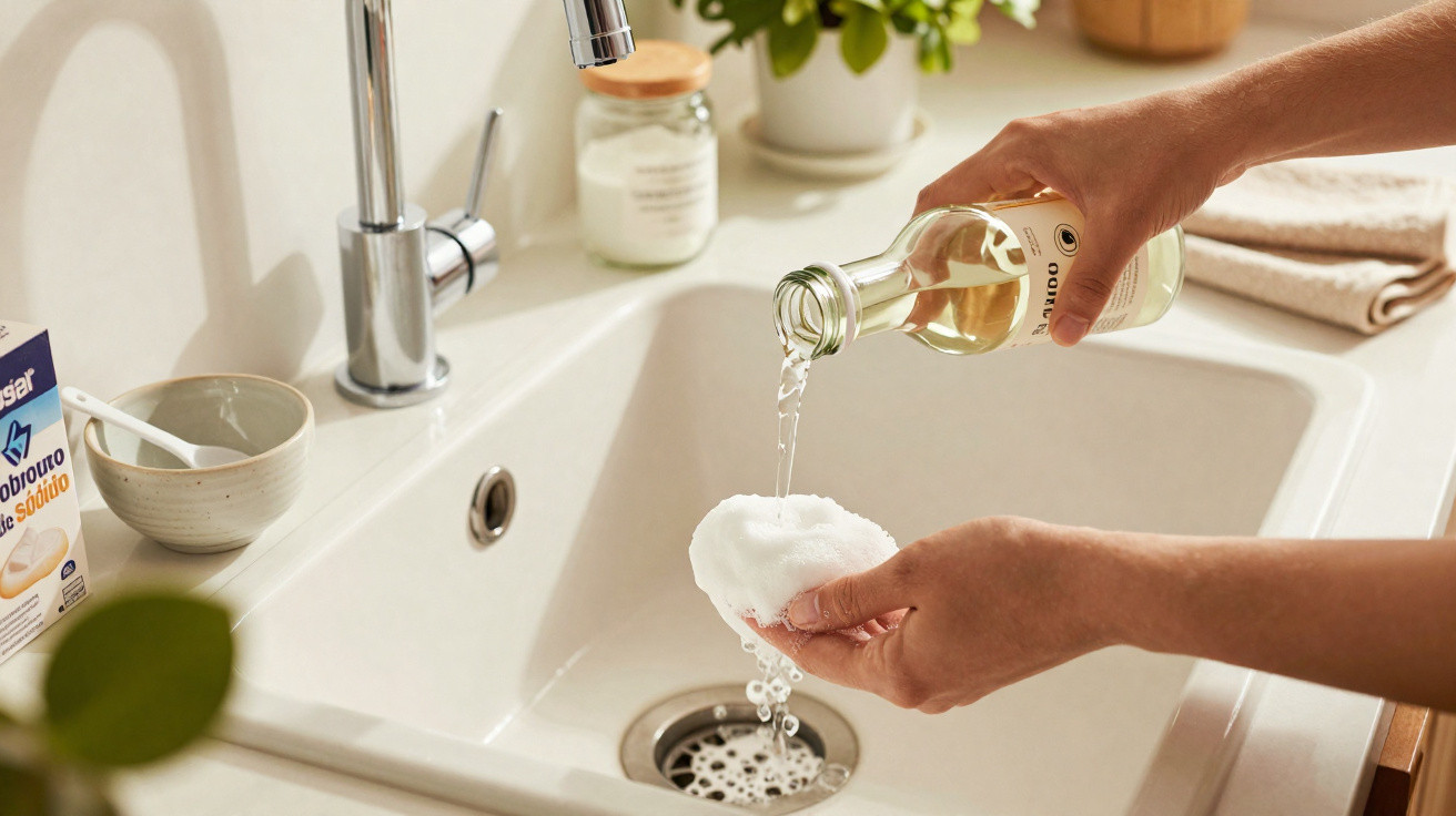 Person pouring liquid from a bottle onto a white sponge over a kitchen sink with a faucet.
