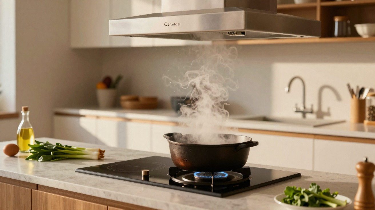 Steam rising from a pot on a gas stove in a modern kitchen with fresh ingredients on the countertop.