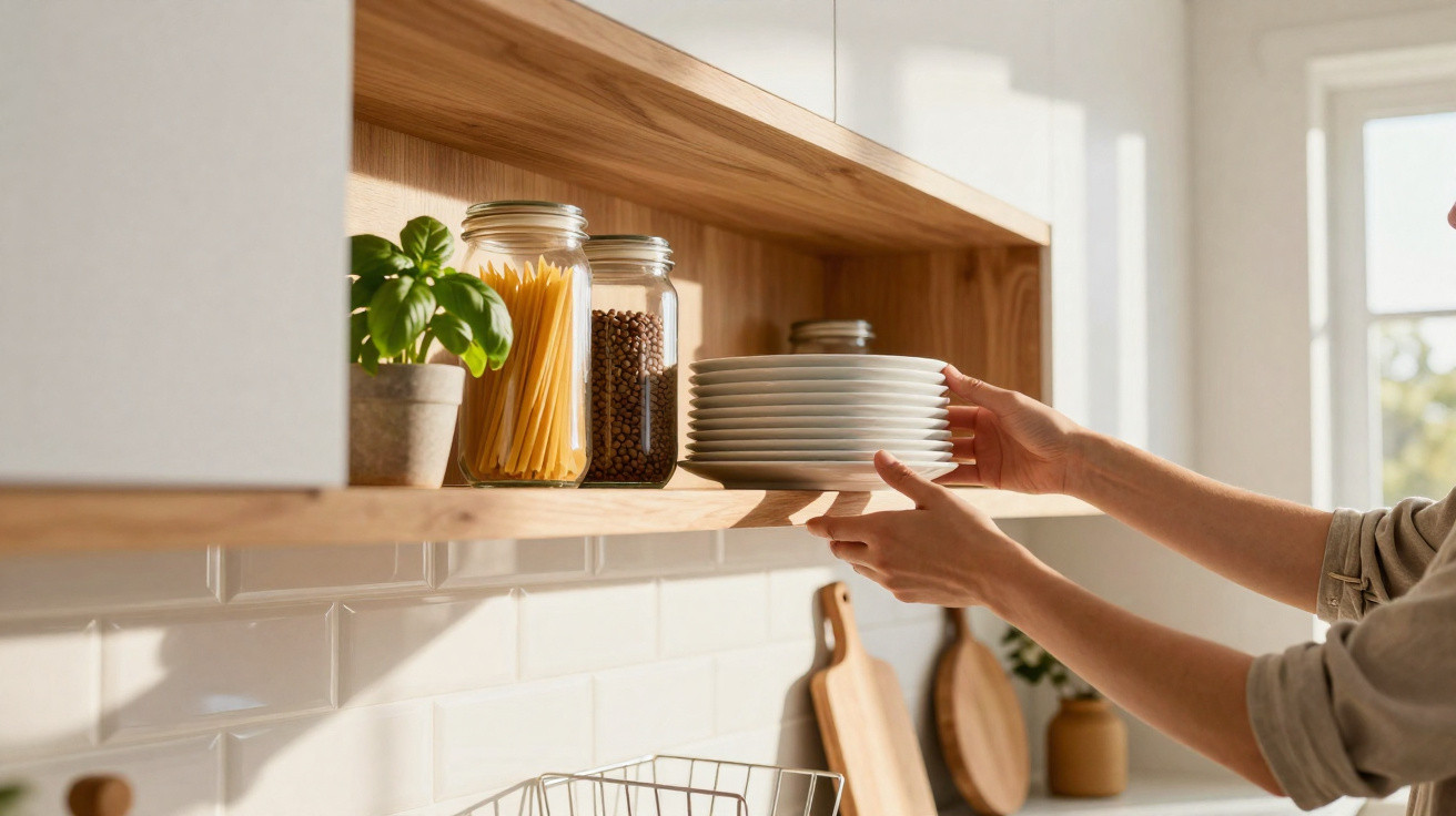 Hands placing a stack of white plates on a wooden kitchen shelf with jars of pasta and coffee beans nearby.
