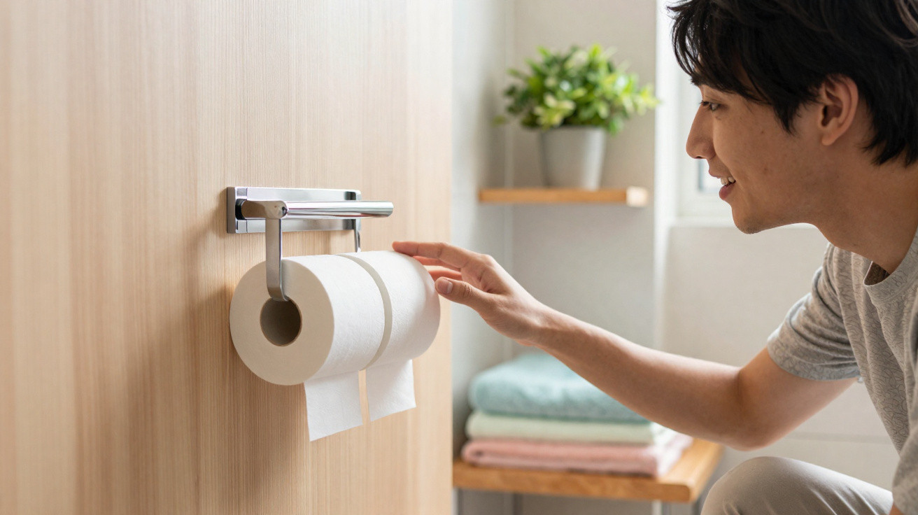 Person reaching for a double roll of toilet paper on a wall-mounted holder in a bright bathroom.