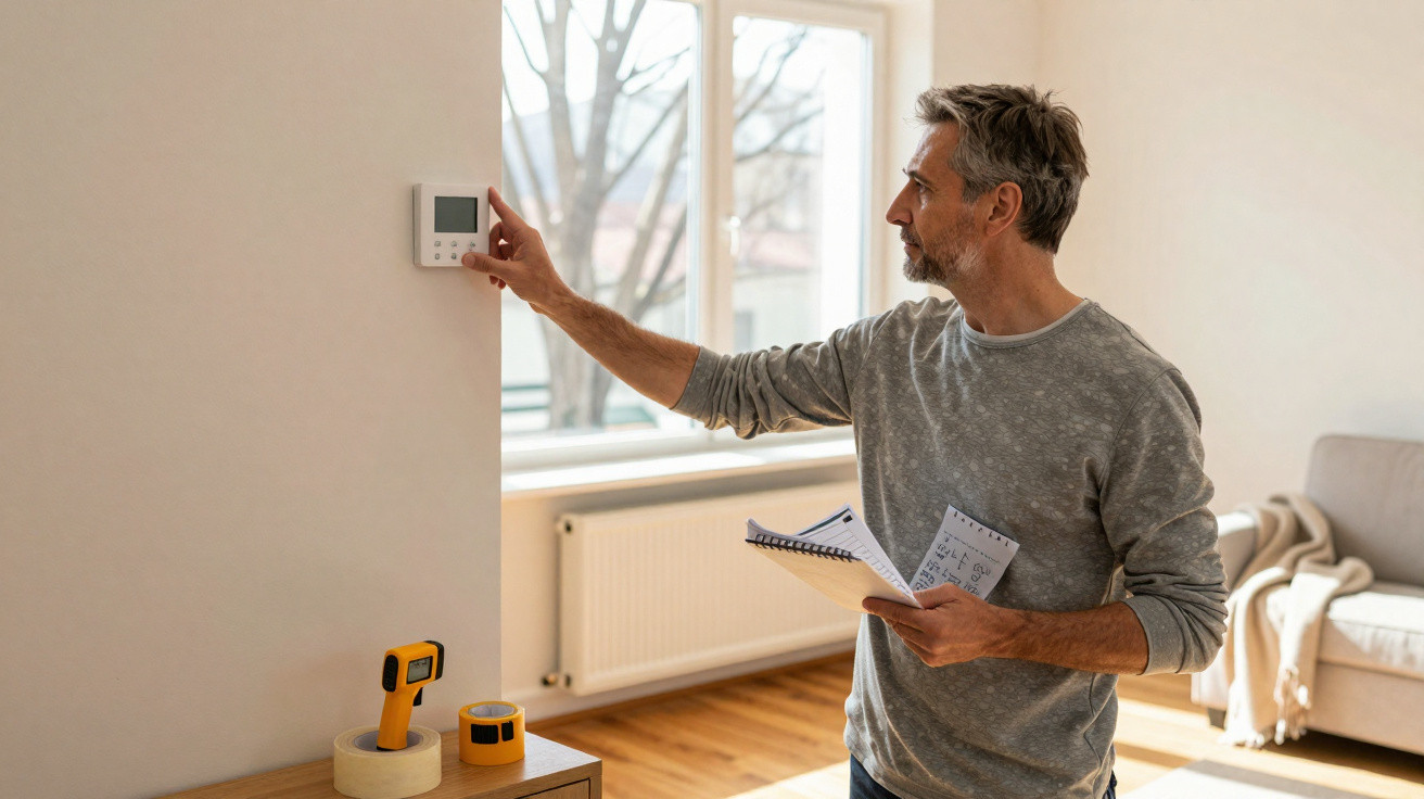Man adjusting a thermostat on a wall in a bright living room holding papers and a pen.