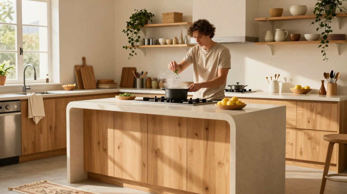 Person cooking at a wooden kitchen island in a modern kitchen with plants and natural light from a window.