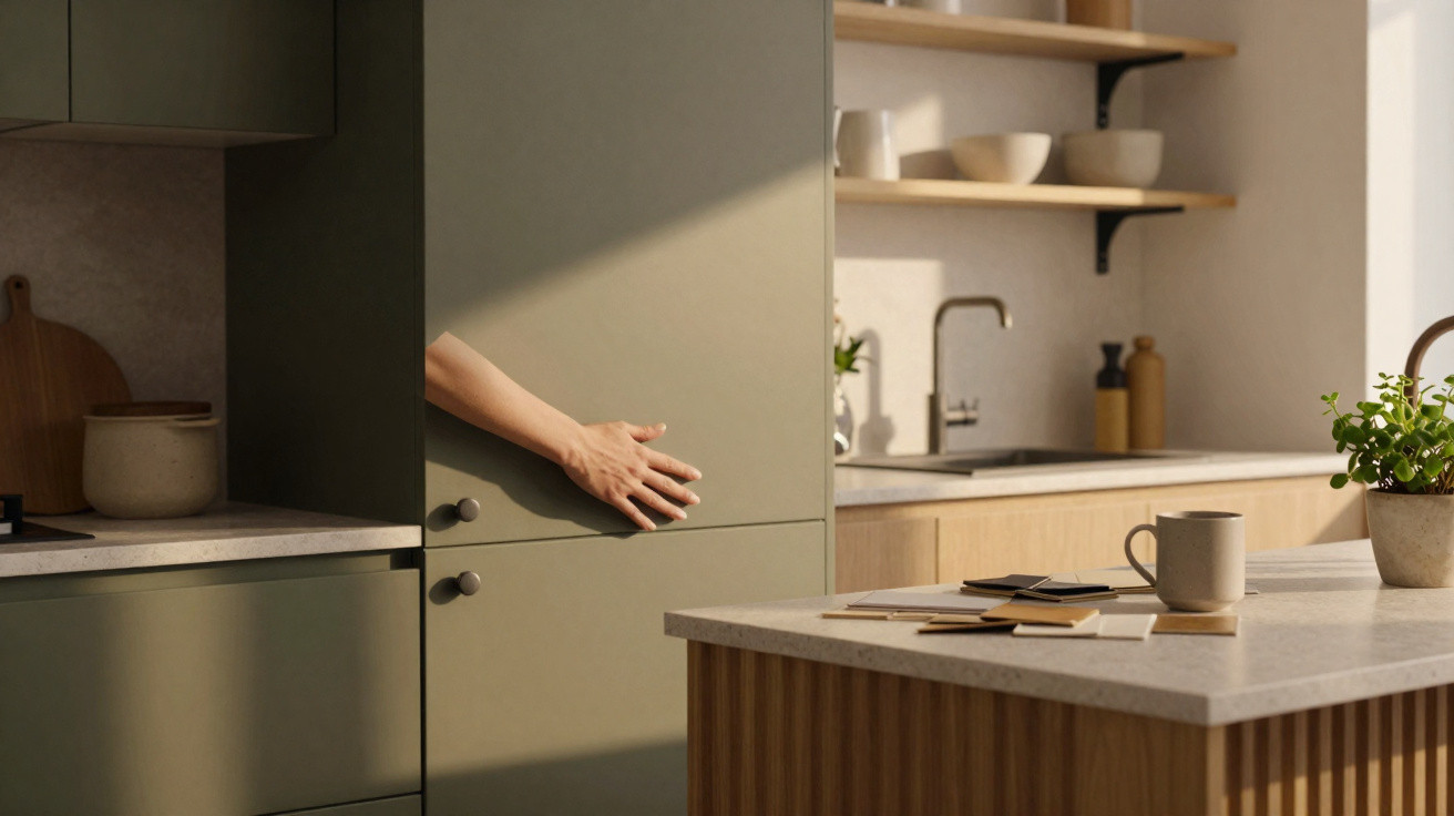 Hand reaching out from a green kitchen cabinet in a modern kitchen with wooden shelves and plants.