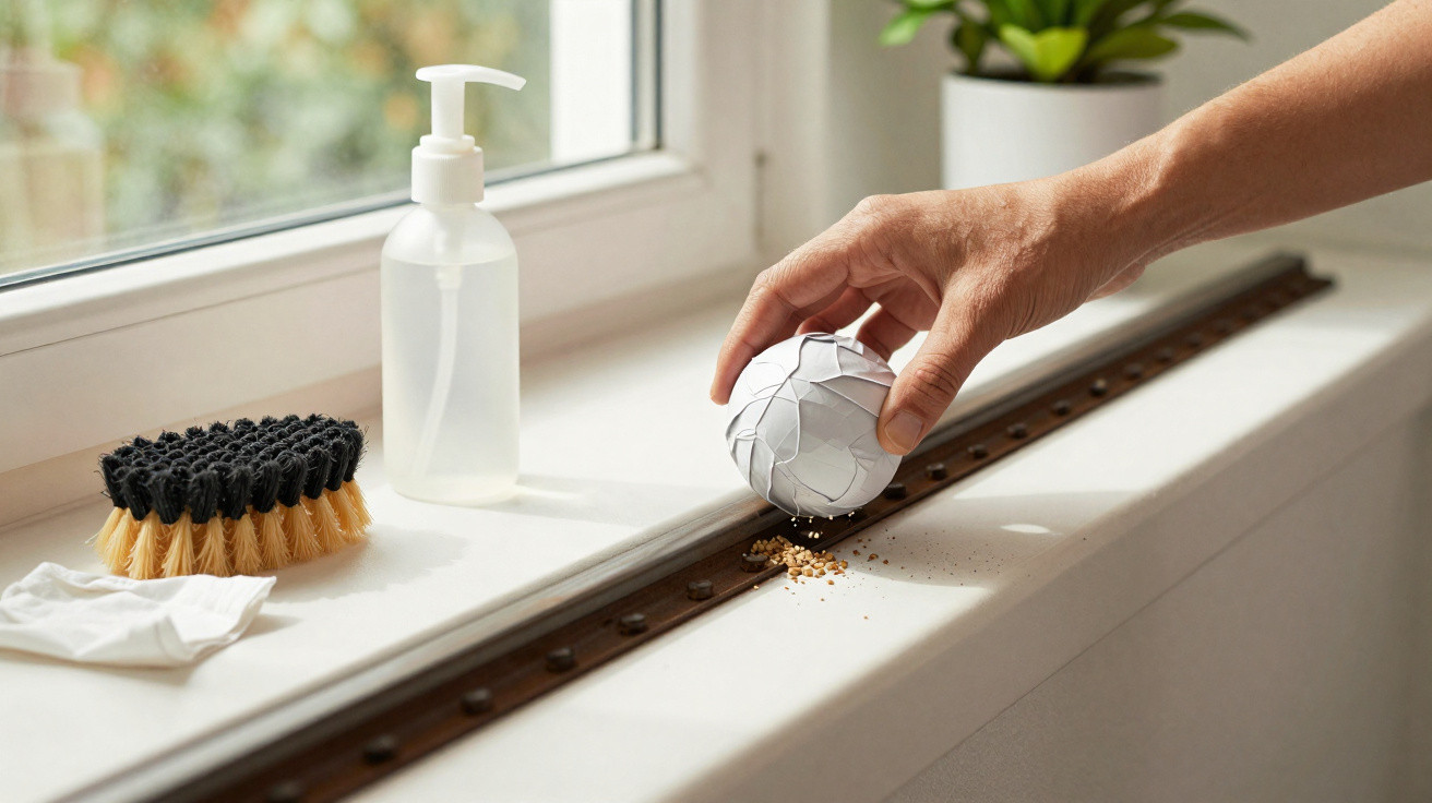Hand sprinkling cleaning powder onto a window track with brush, tissue, and spray bottle nearby on windowsill.