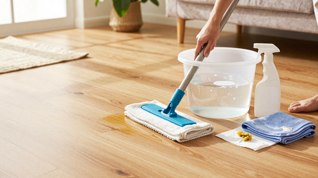 Person cleaning wooden floor with mop, bucket of water, spray bottle, and cleaning cloths nearby.