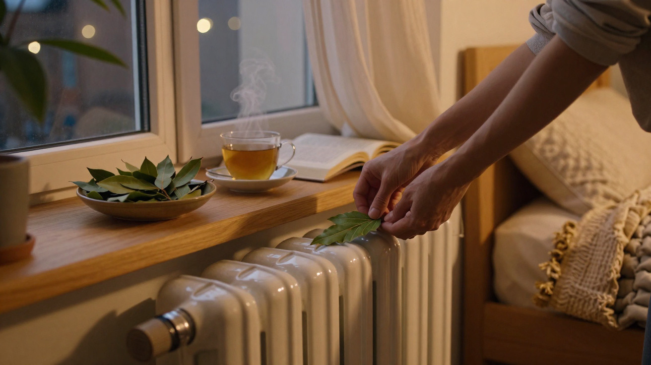 Person placing a green leaf on a white radiator near a steaming cup of tea and an open book by the window at dusk.