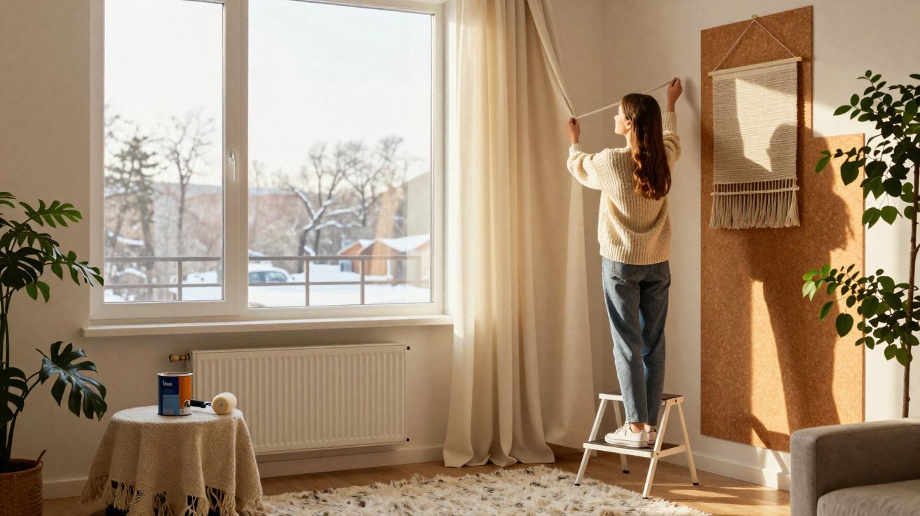 Girl adjusting cream curtains on a step stool in a sunlit living room with plants and a textured wall hanging.