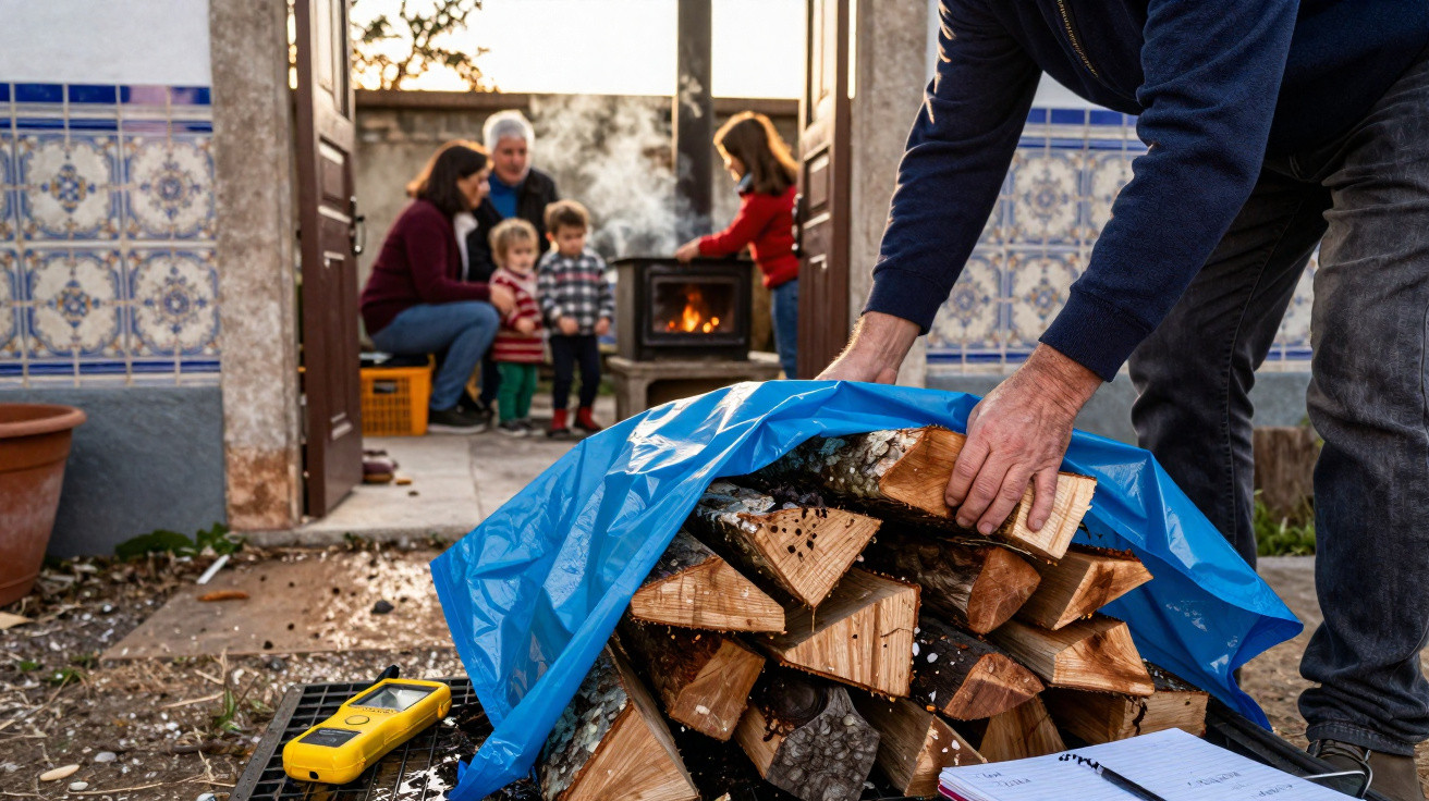 Person stacking firewood under a blue plastic sheet outside a room with a family gathered near a wood stove.