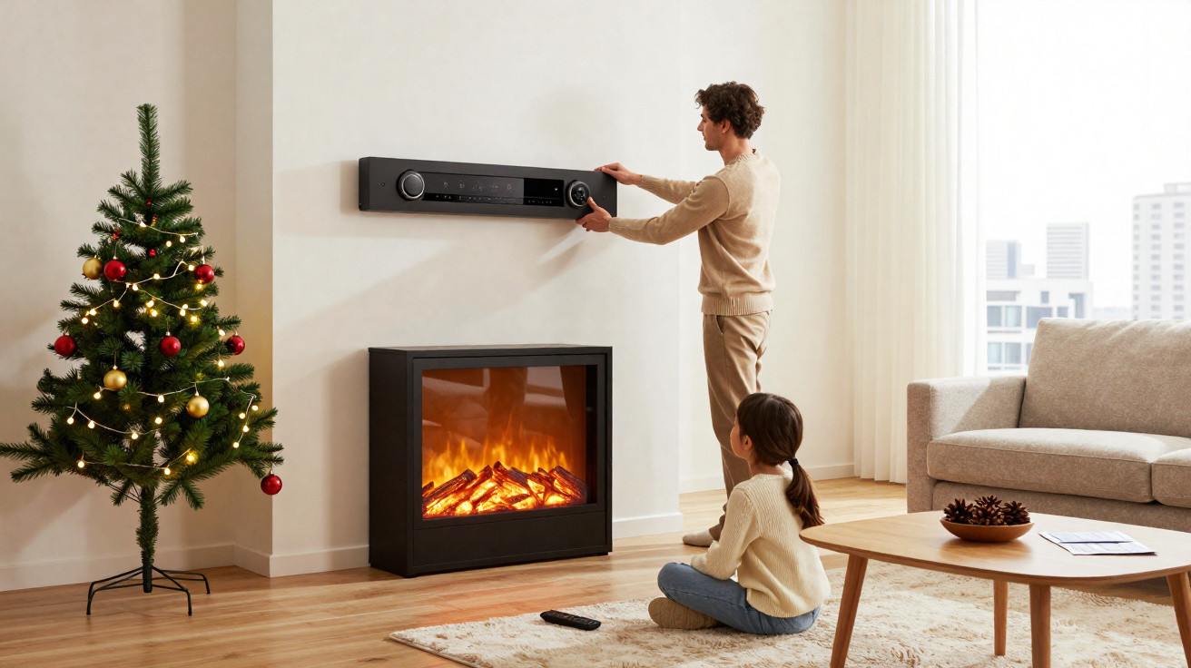 Man adjusts wall-mounted stereo above electric fireplace while child watches in decorated living room.