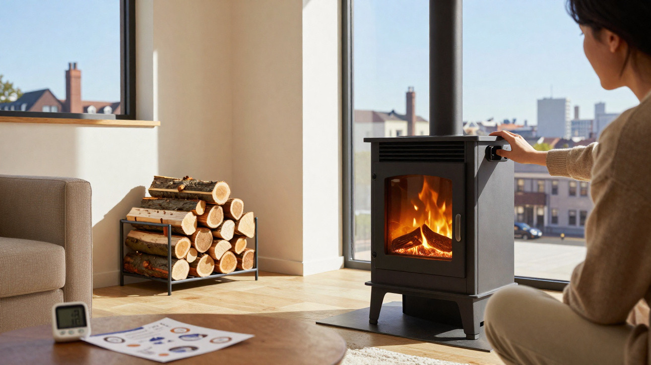 Person adjusting modern black wood-burning stove in bright living room with log rack and city view windows.