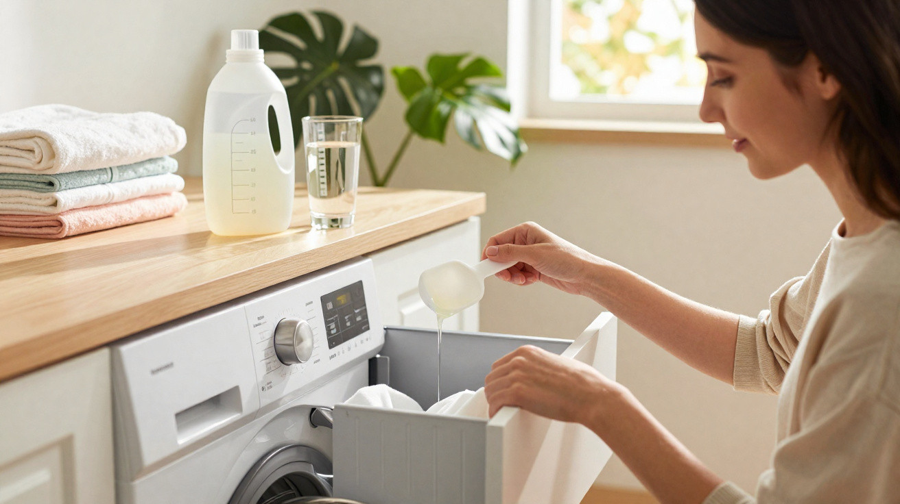 Woman pouring liquid detergent into washing machine drawer in a bright laundry room with folded towels nearby