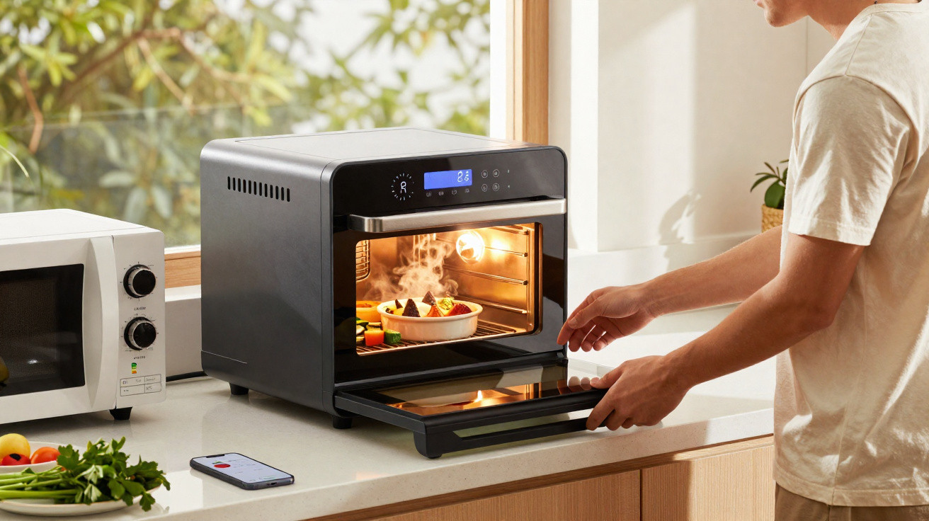 Person opening a countertop convection oven with steaming food inside in a bright kitchen.