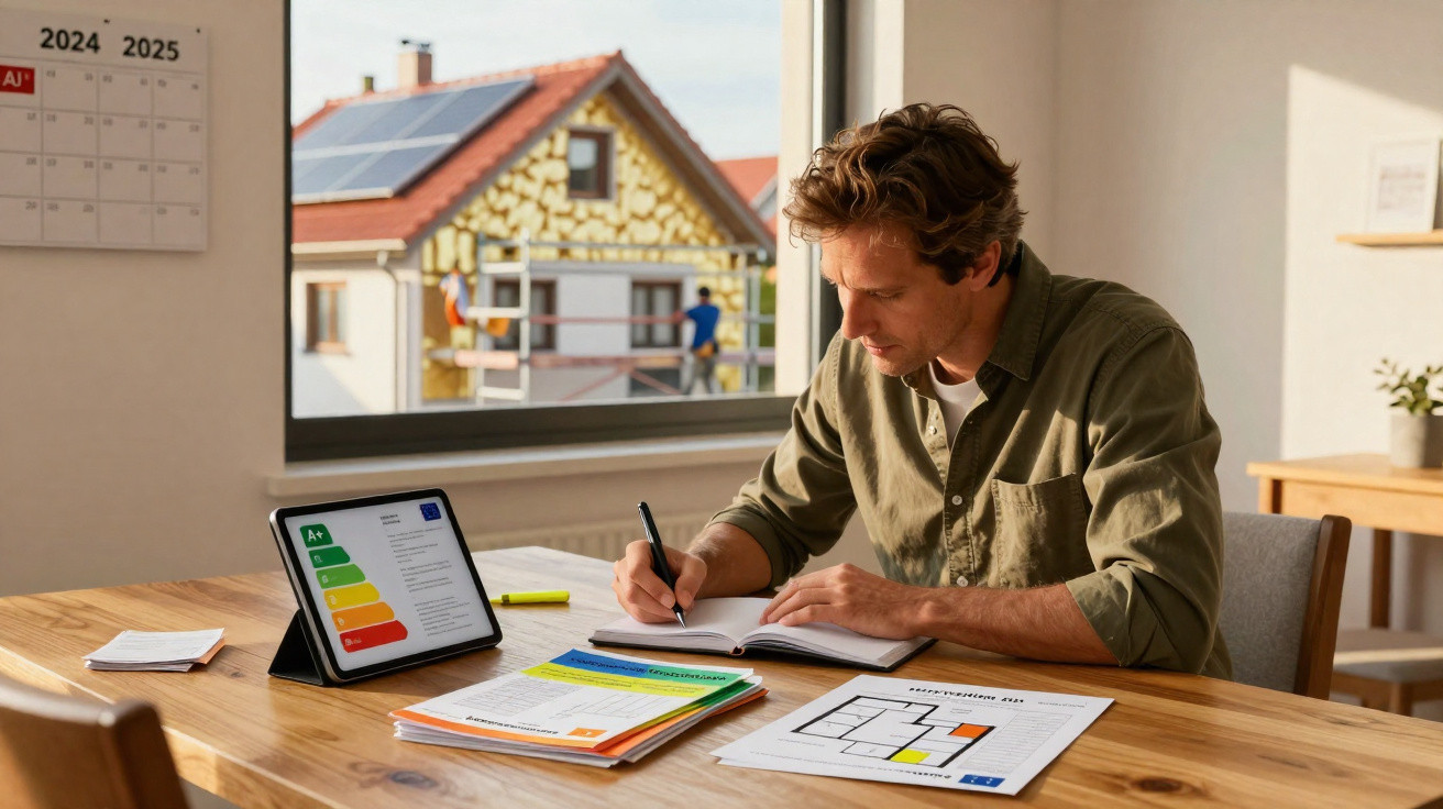 Man writing notes at a table with energy-efficient home documents and a building under renovation outside the window.