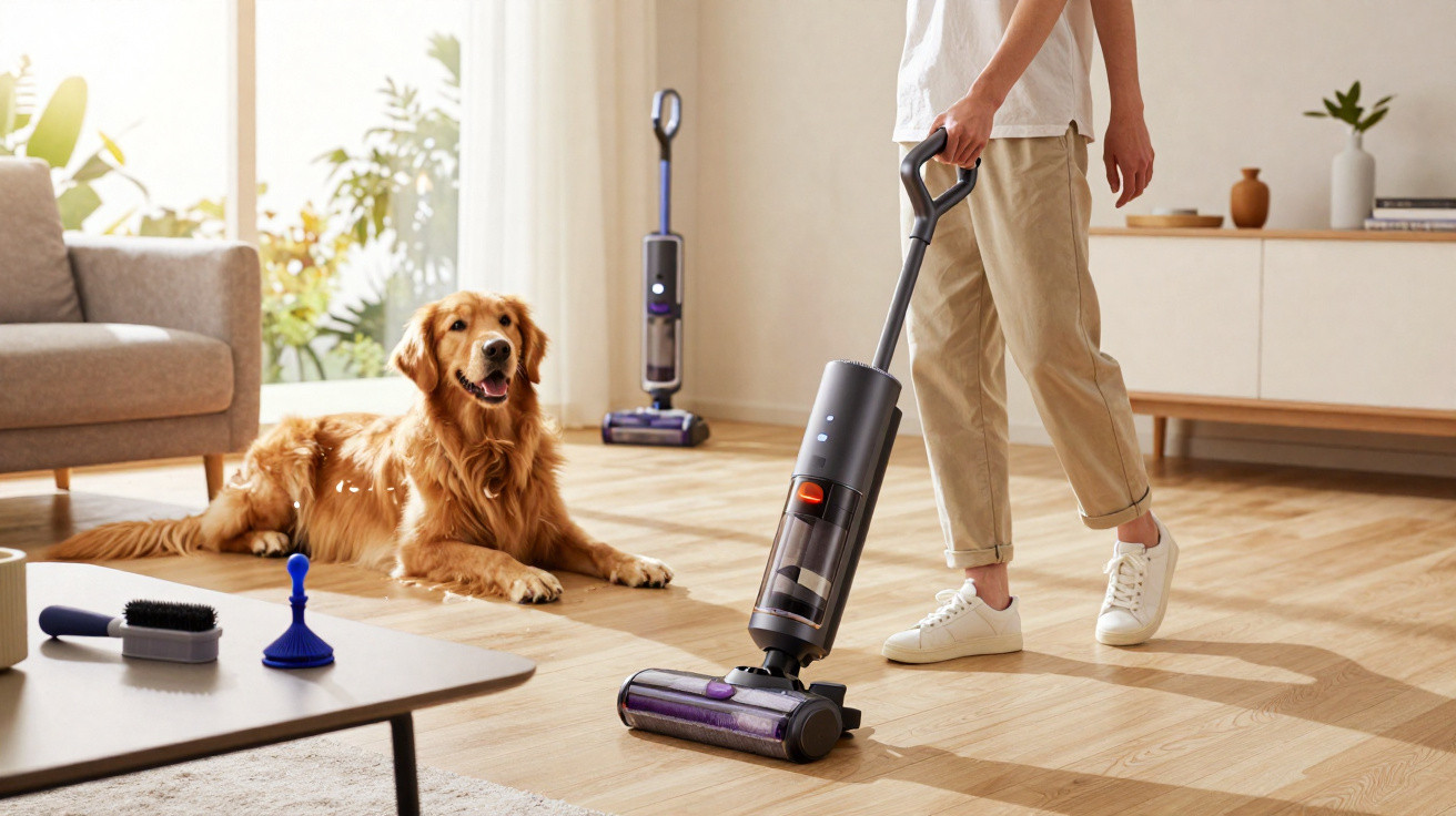 Person vacuuming wooden floor with cordless vacuum cleaner while golden retriever dog lies nearby in bright living room.