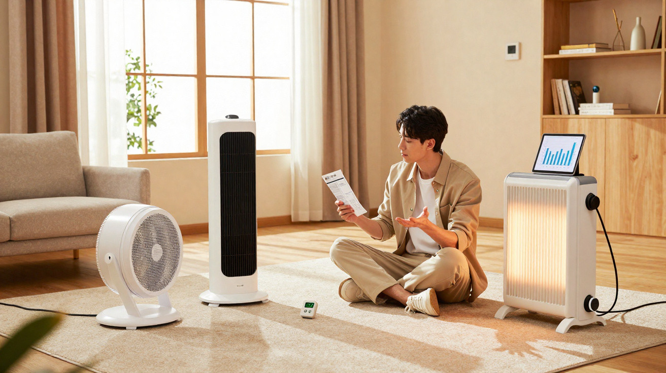 Young man sitting on carpet reading instructions surrounded by heaters and fans in bright living room