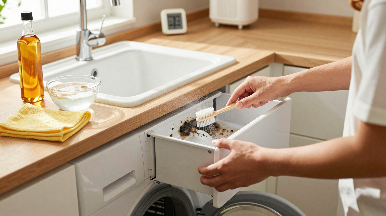 Person cleaning a washing machine filter full of dirt with a brush in a bright kitchen.