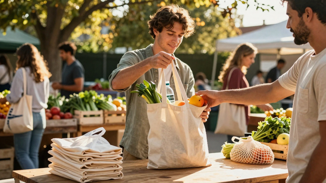 Young man placing fresh produce in a reusable bag at an outdoor farmers market stall on a sunny day.