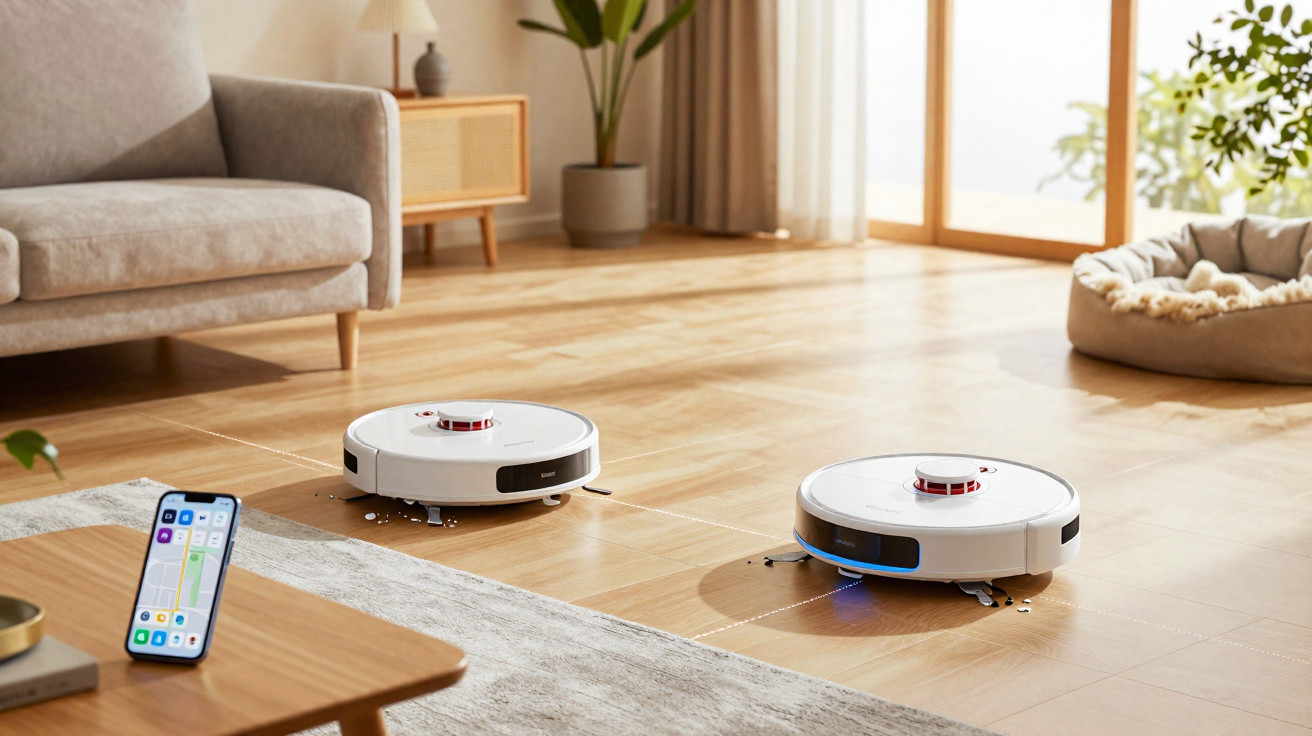 Two white robot vacuum cleaners cleaning a wooden floor in a bright living room with a sofa and smartphone.