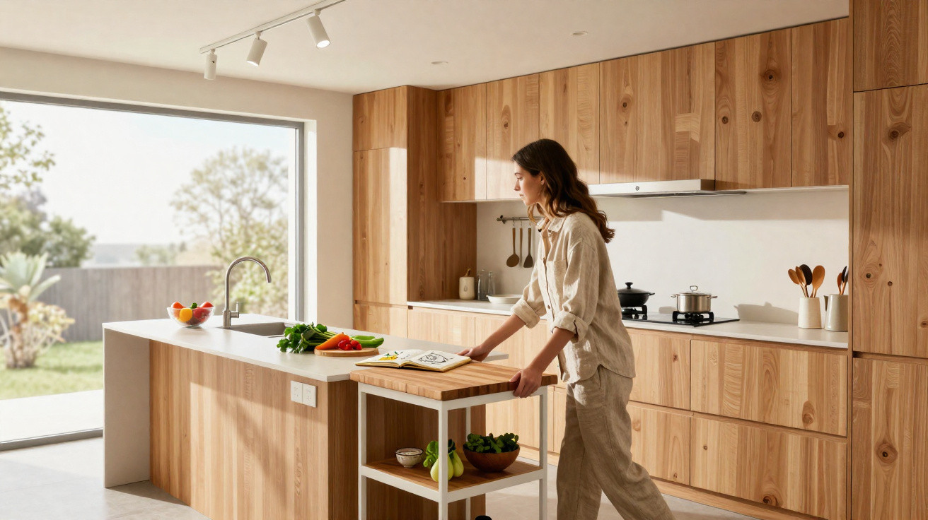 Woman preparing food at a wooden modern kitchen island in a bright room with large window and garden view.
