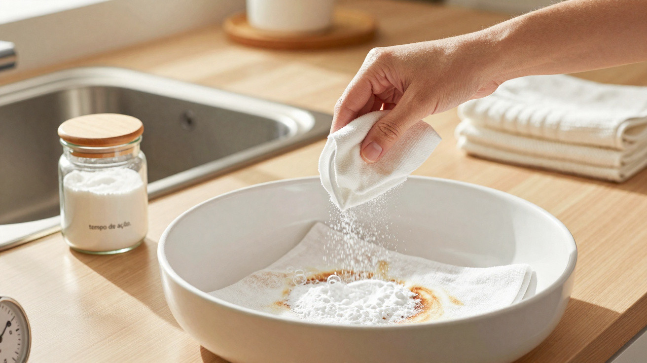 Hand sprinkling a white powder onto a stained white cloth in a bowl on a wooden kitchen counter.