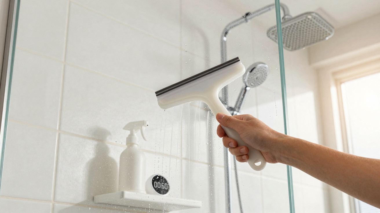 Hand using a white squeegee to clean water droplets from a glass shower screen in a bathroom.