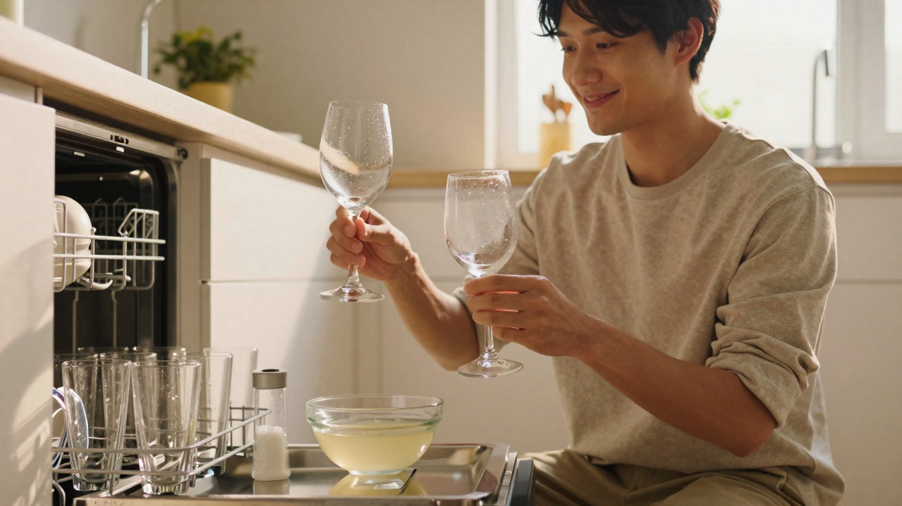 Young man unloading clean wine glasses from a dishwasher in a bright kitchen.