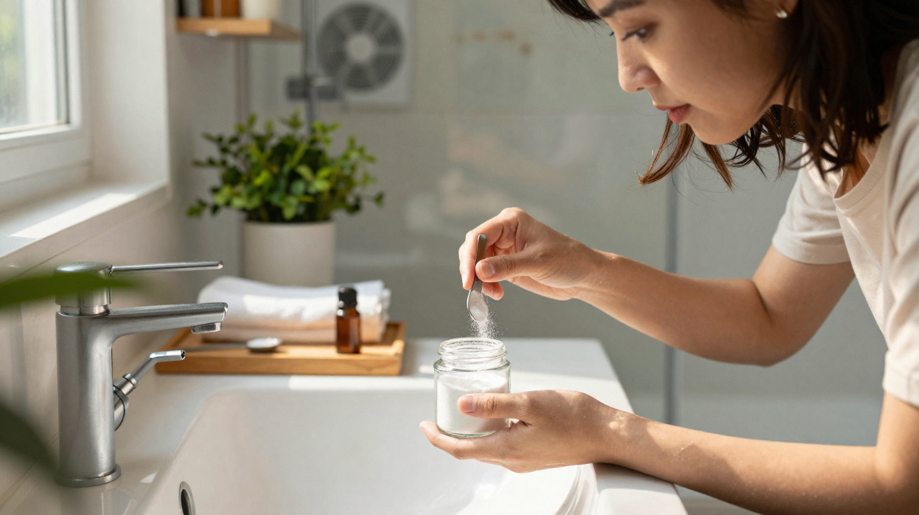 Woman holding a jar and scooping powder with a spoon over a bathroom sink with toiletries in the background.