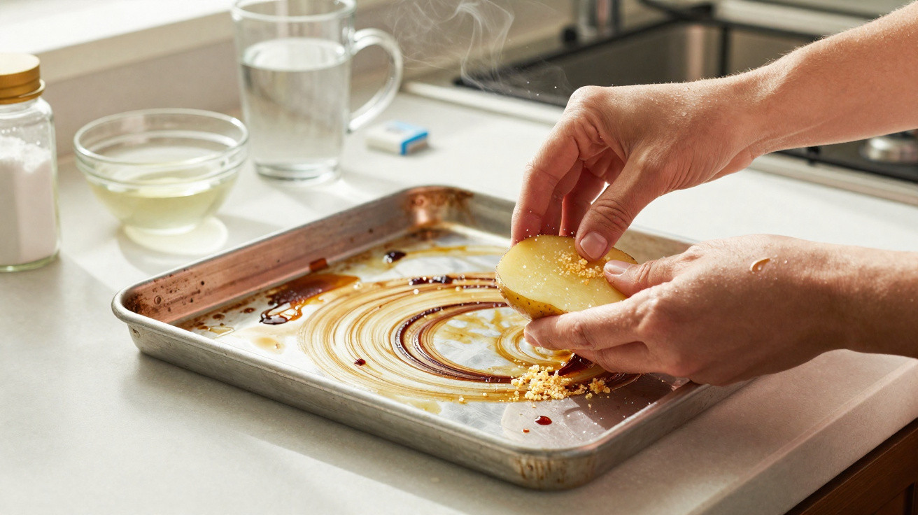 Hands preparing a potato half with seasoning on a roasting tray in a kitchen setting.