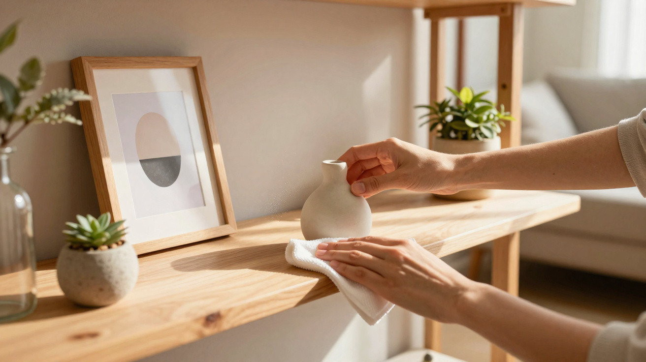 Person placing a small white vase on a wooden shelf with framed art and potted plants in soft sunlight.
