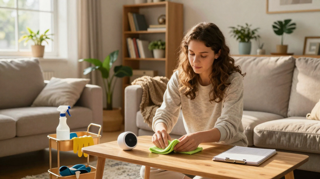 Woman cleaning a wooden coffee table in a cosy living room with cleaning supplies nearby and a smart speaker on the table.