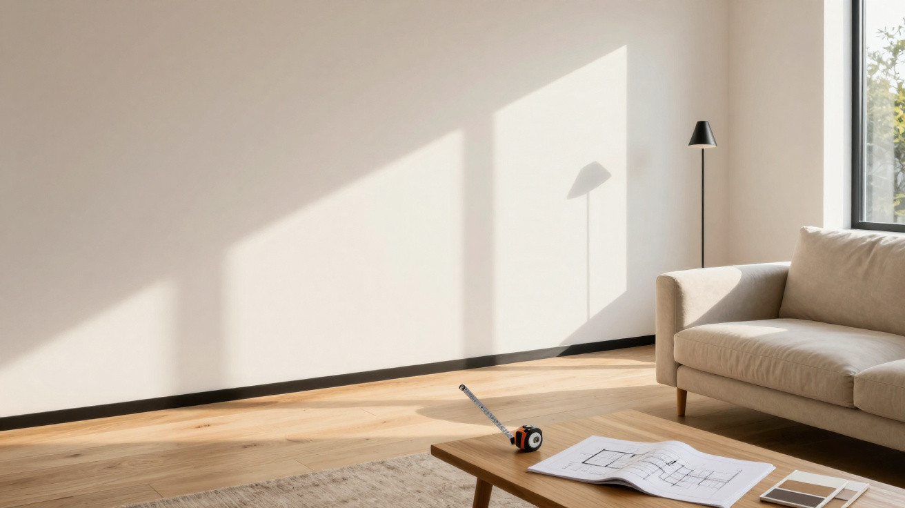 Minimalist living room with beige sofa, wooden coffee table holding a floor plan and measuring tape, sunlight casting shadows
