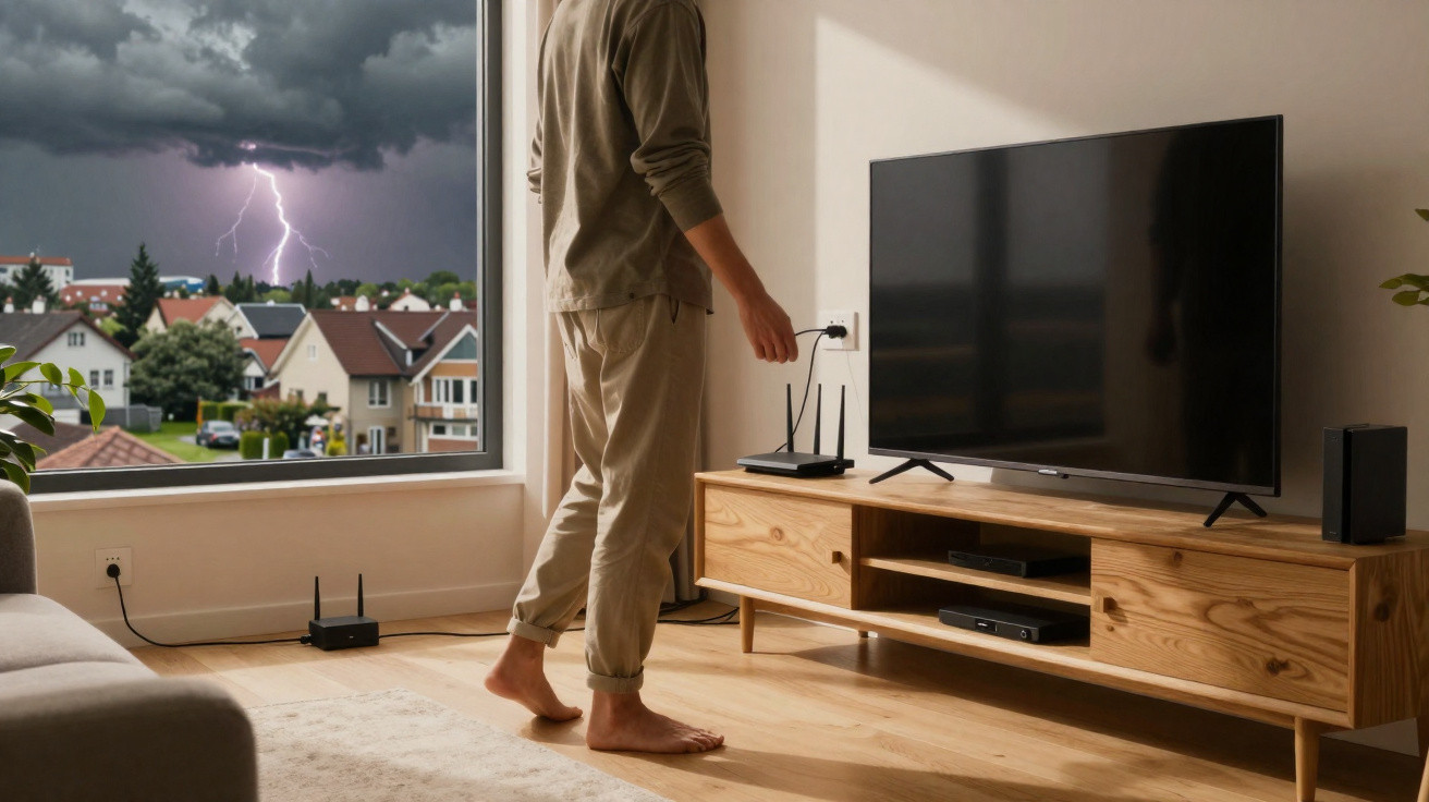 Person unplugging a router in a living room with lightning storm visible outside the window.