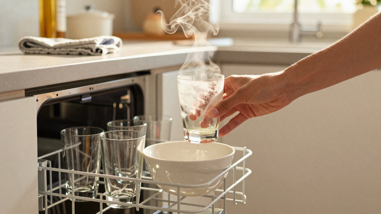 Hand placing a steaming glass into a dishwasher rack with other glasses and a bowl in a modern kitchen.