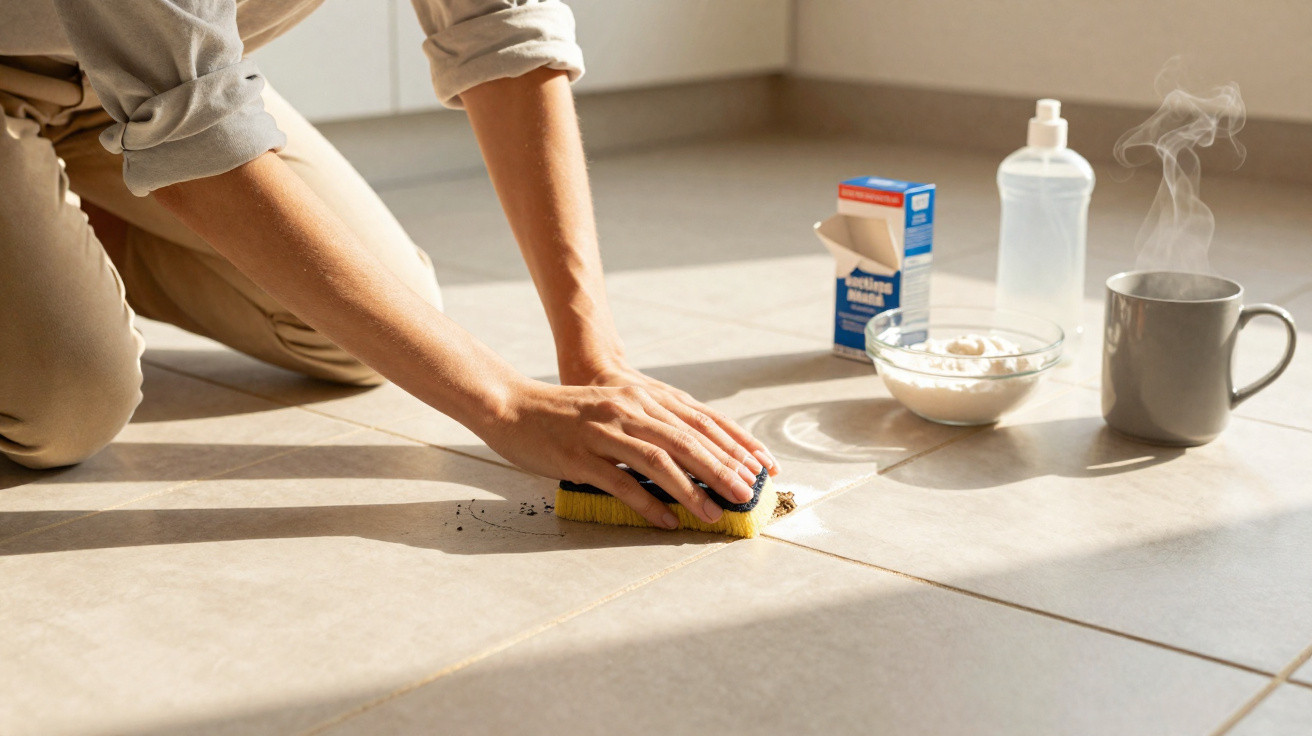 Person scrubbing dirt on tiled floor with cleaning sponge and household cleaning supplies nearby.