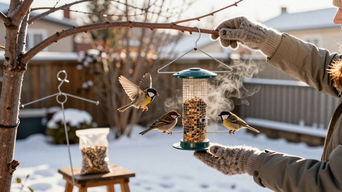Person in winter gloves holding a bird feeder with birds flying and perched in a snowy garden.