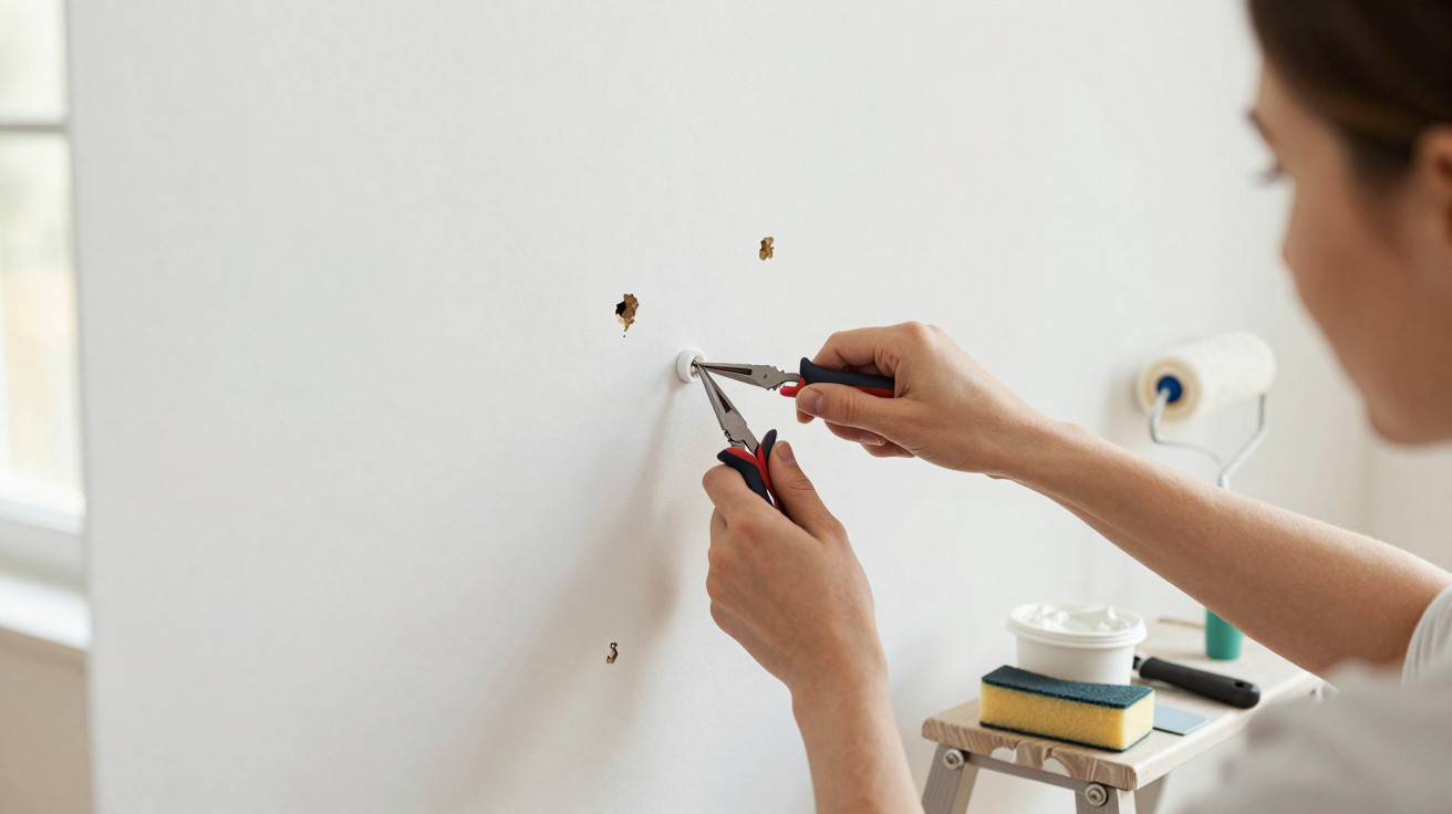 Person using pliers to repair holes in a white wall with painting tools nearby