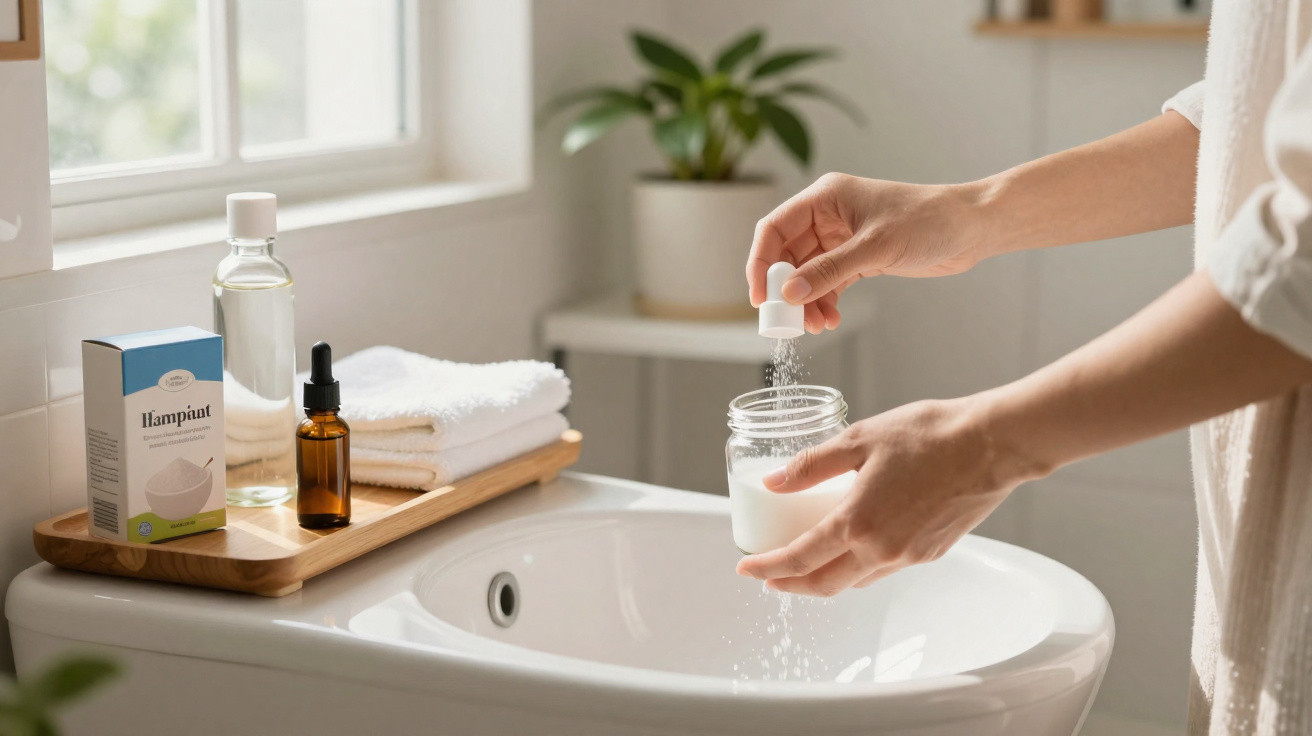 Person sprinkling powder into a white jar over a bathroom sink with toiletries and towels nearby.
