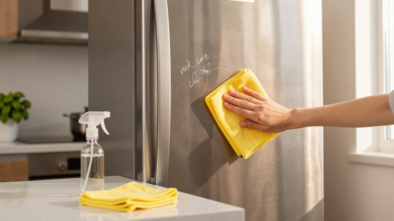 Hand wiping stainless steel refrigerator door with a yellow cloth in bright kitchen.