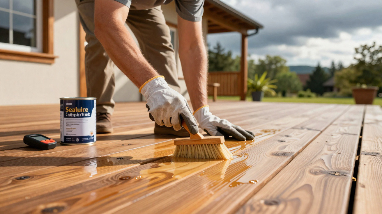 Person applying sealant to wooden decking with brush outdoors on a sunny day.