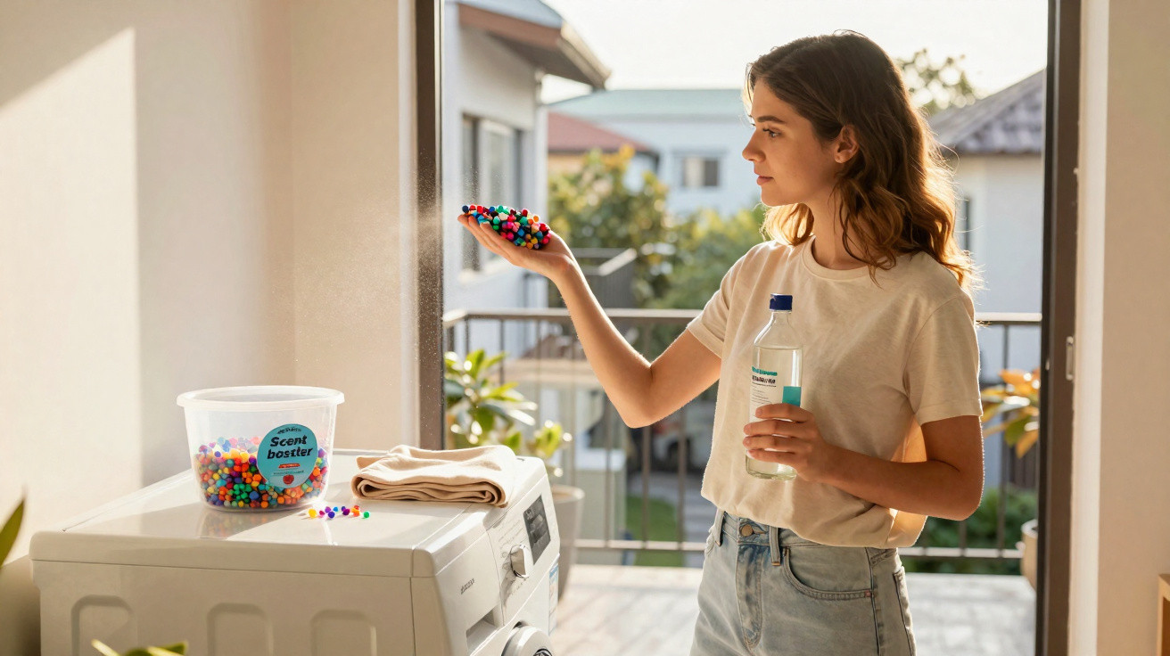 Woman holding laundry scent booster beads and bottle by washing machine on balcony in daylight